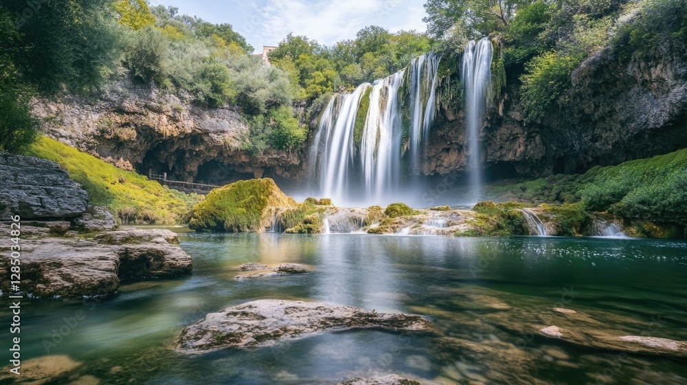 Fototapeta premium Natural landscape of a waterfall cascading into a tranquil pool, surrounded by lush greenery and rugged cliffs.