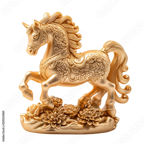 Golden Chinese Zodiac Horse Figurine Isolated on Transparent Background