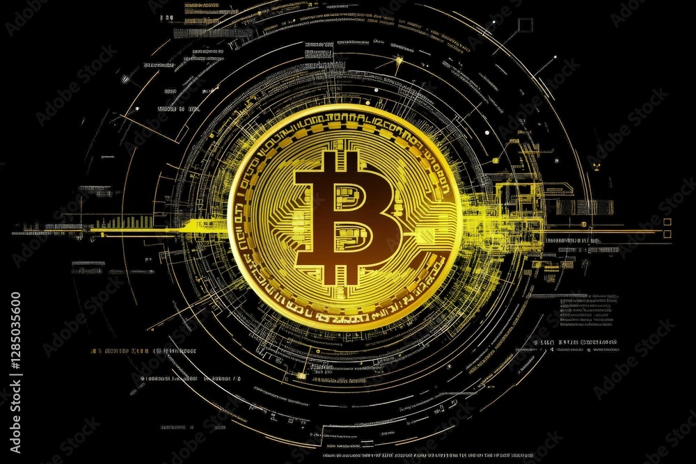 Golden Bitcoin Symbol Surrounded by Futuristic Digital Network and Data Visualizations Golden Bitcoin Symbol Surrounded by Futuristic Digital Network and Data Visualizations
