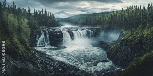 Awe-inspiring waterfall cascading through a lush forest with misty mountains in the distance.