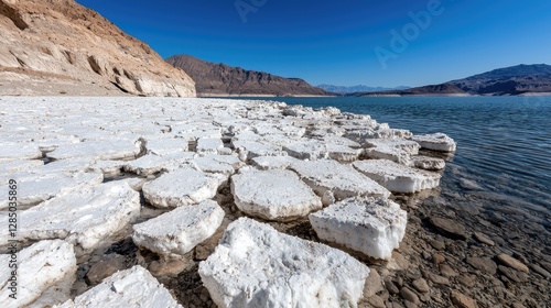 Lake Mead salt crystals shoreline, desert mountains background, environmental impact