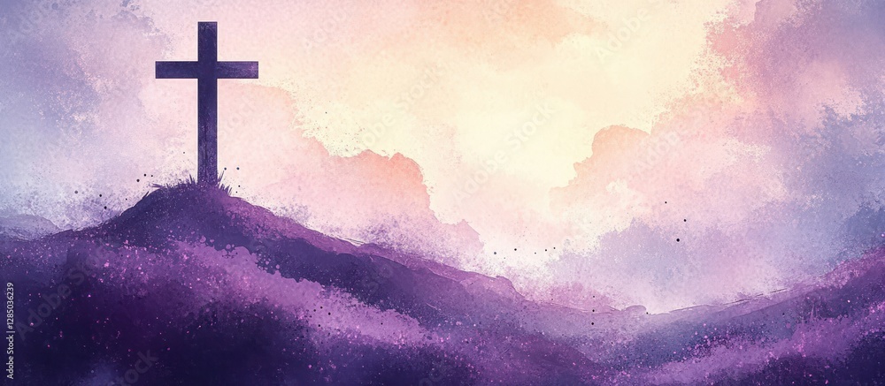 Obraz premium Crucifix Silhouette Watercolor Landscape Purple Hill Faith Christian Banner