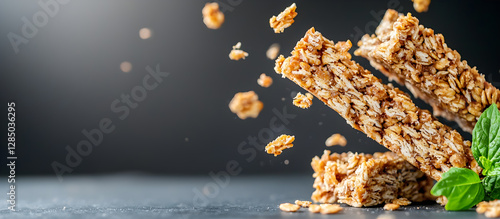 A close up of a box of granola with a green leaf on top