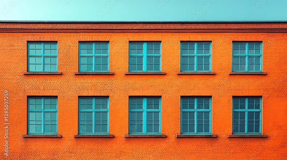 Obraz premium A brightly colored brick building with multiple teal framed windows