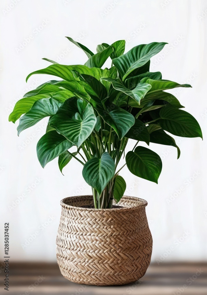 Obraz premium Kentia Palm Howea Forsteriana Home Plant in Seagrass Wicker Basket on White Background Urban Gardening Decor