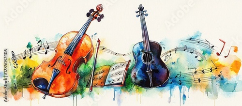 Wallpaper Mural Musical Instruments Watercolor Painting with Violin Guitar and Dynamic Rhythm Torontodigital.ca