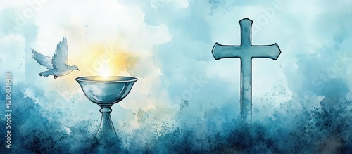 Baptism and Sacrament Watercolor Illustration with Cross, Dove, and Chalice