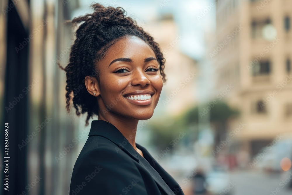 A happy woman posing for a photo against an urban backdrop. A happy woman posing for a photo against an urban backdrop.