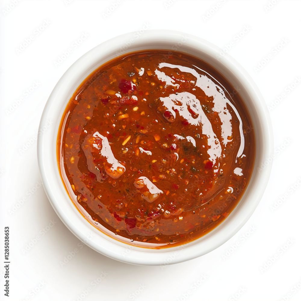 Spicy Red Pepper Sauce in White Bowl Overhead Shot Spicy Red Pepper Sauce in White Bowl Overhead Shot