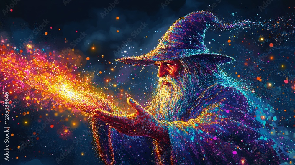 Naklejka premium A pixel wizard casting a colorful spell with sparkles