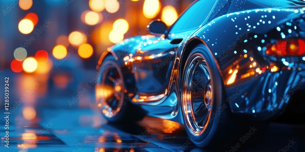Luxurious sports car parked at night in rain-soaked cityscape with bokeh lights. Luxurious sports car parked at night in rain-soaked cityscape with bokeh lights.