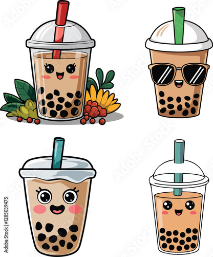 Bubble Tea Characters Vector Set Cute Boba Drinks