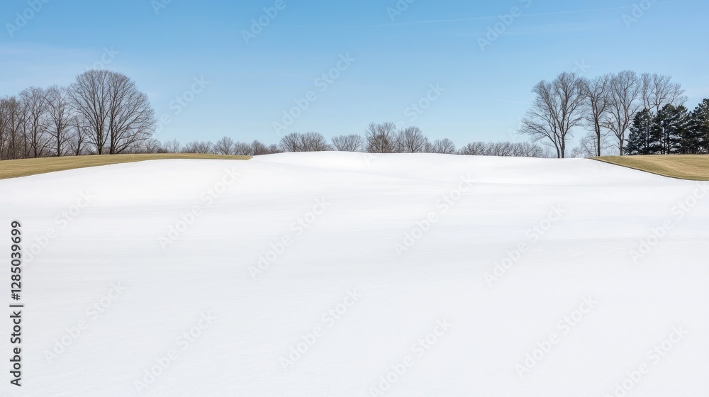 Obraz premium Snow-covered golf course, winter landscape, trees, blue sky, tranquil scene, nature background