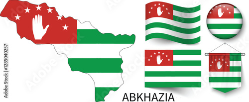 The different designs of Abkhazia's national flags and the map showing Abkhazia's borders