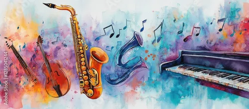 Panel kuchenny z motywem Vibrant Watercolor Painting of Musical Instruments with Saxophone Guitar and Piano Keys