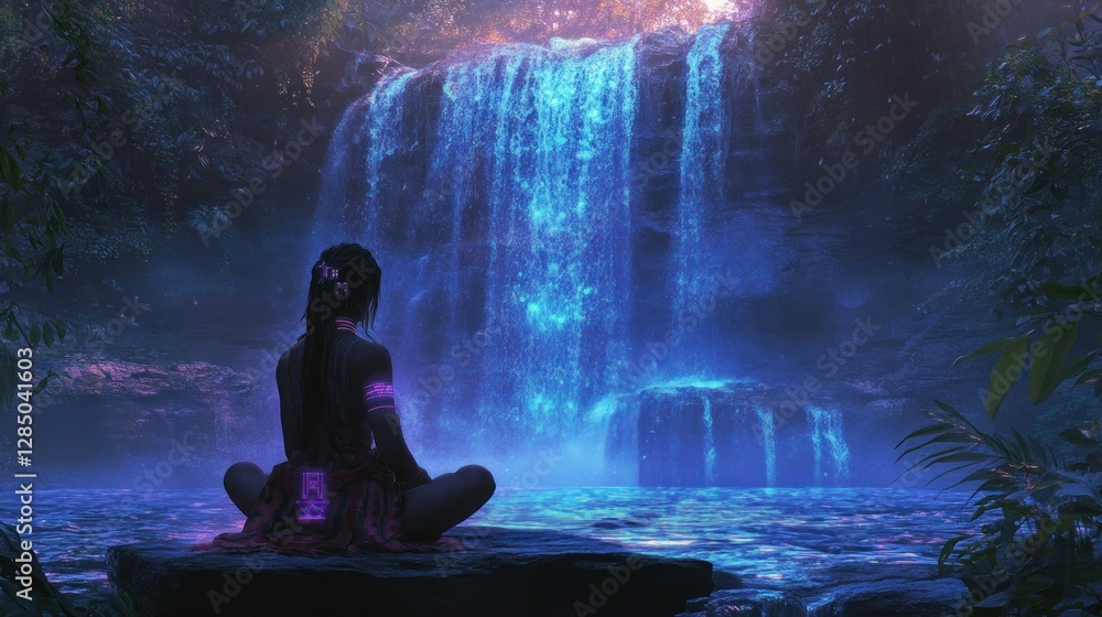 Serene figure meditating by a glowing waterfall in a mystical forest at twilight Serene figure meditating by a glowing waterfall in a mystical forest at twilight