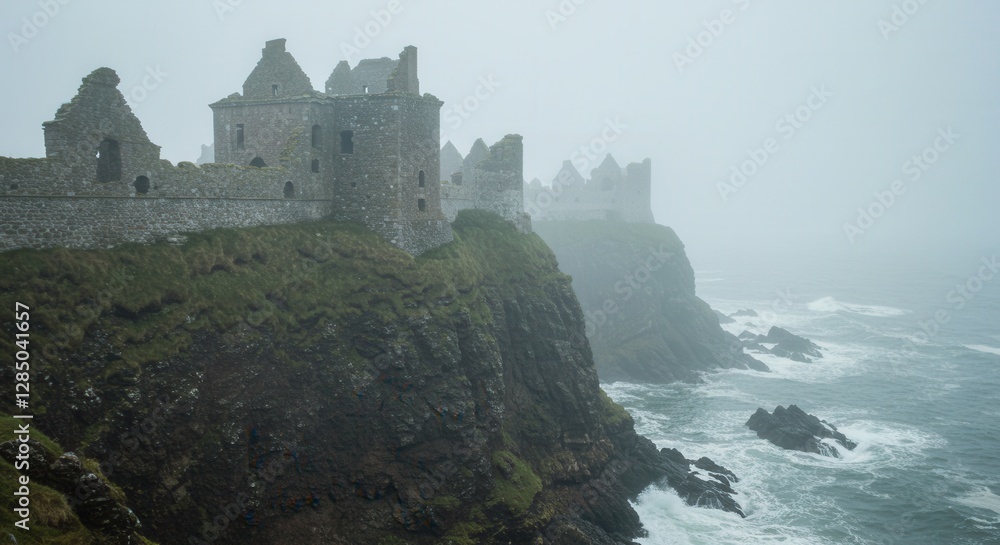 Dunottar Castle Ruins on Cliffside Coastline with Foggy Ocean View Dunottar Castle Ruins on Cliffside Coastline with Foggy Ocean View