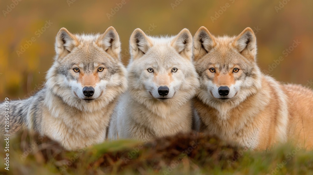 Naklejka premium Three wolves in autumnal landscape, wildlife portrait