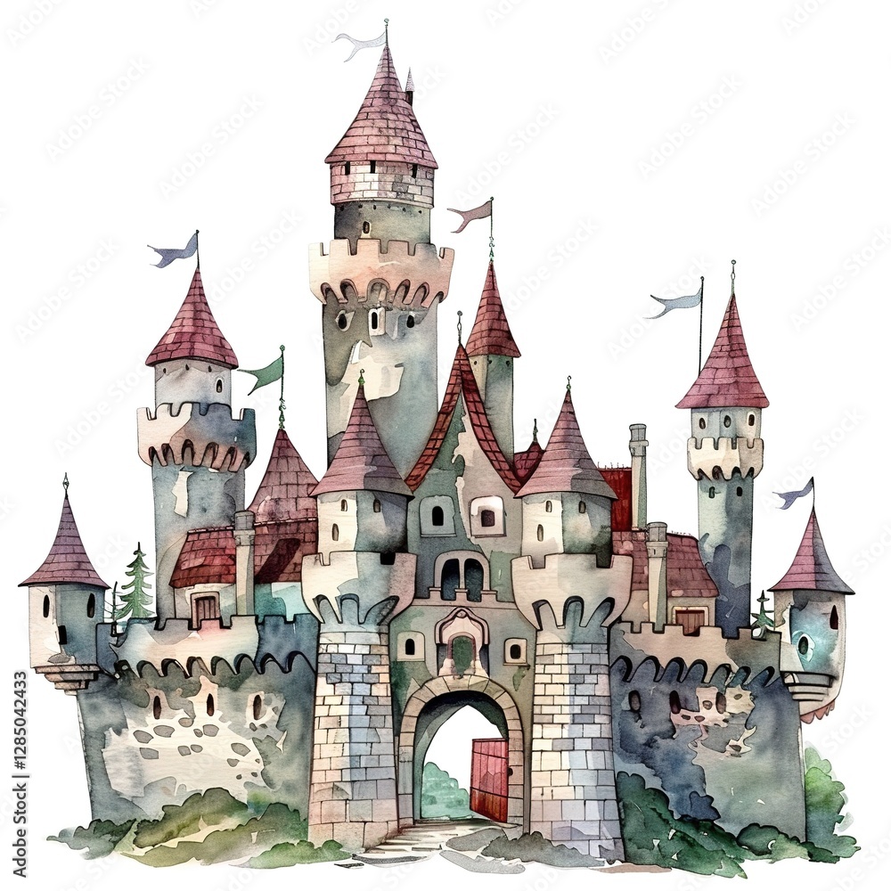 A whimsical watercolor illustration of a fairy tale castle, complete with turrets, flags, and a grand entrance. A whimsical watercolor illustration of a fairy tale castle, complete with turrets, flags, and a grand entrance.
