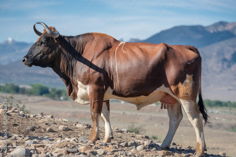 Majestic Brown & White Cow Standing on Rocky Terrain with Mountains in the Background under Sunny Blue Sky, Profile View, Livestock, Detailed Majestic Brown & White Cow Standing on Rocky Terrain with Mountains in the Background under Sunny Blue Sky, Profile View, Livestock, Detailed