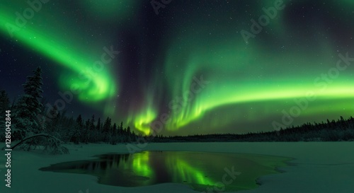 Wallpaper Mural Aurora Borealis Dancing Over Frozen Lake with Forest Reflection in Winter Torontodigital.ca