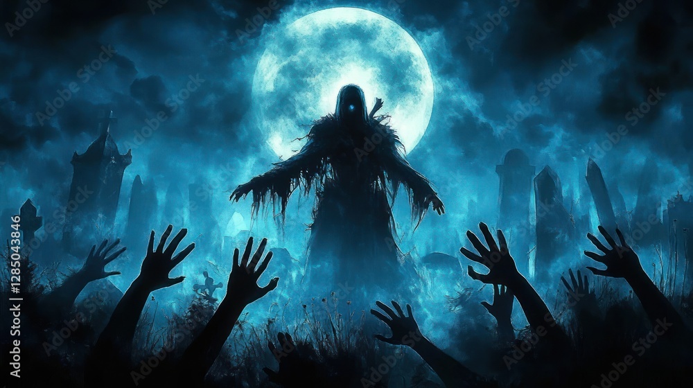Obraz premium Undead Sorcerer in Tattered Cloak Among Rising Zombie Corpses in Moonlit Graveyard