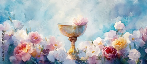 Fototapeta Naklejka Na Ścianę i Meble -  Holy Communion Chalice with Blooming Flowers Watercolor Painting