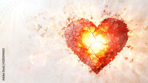 Artistic cracked stone heart with intense fiery core on textured light background