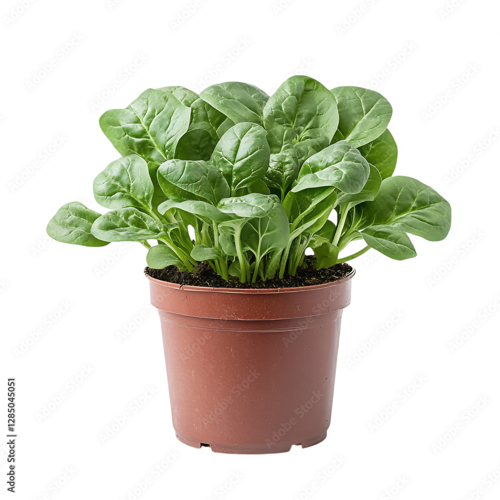 A Small Potted Spinach Plant with Dark Green Leaves Isolated on Transparent Background A Small Potted Spinach Plant with Dark Green Leaves Isolated on Transparent Background