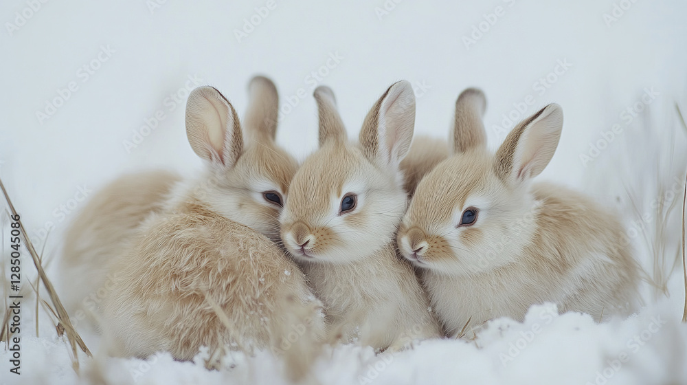 Fototapeta premium Four fluffy rabbits huddled together in snowy meadow