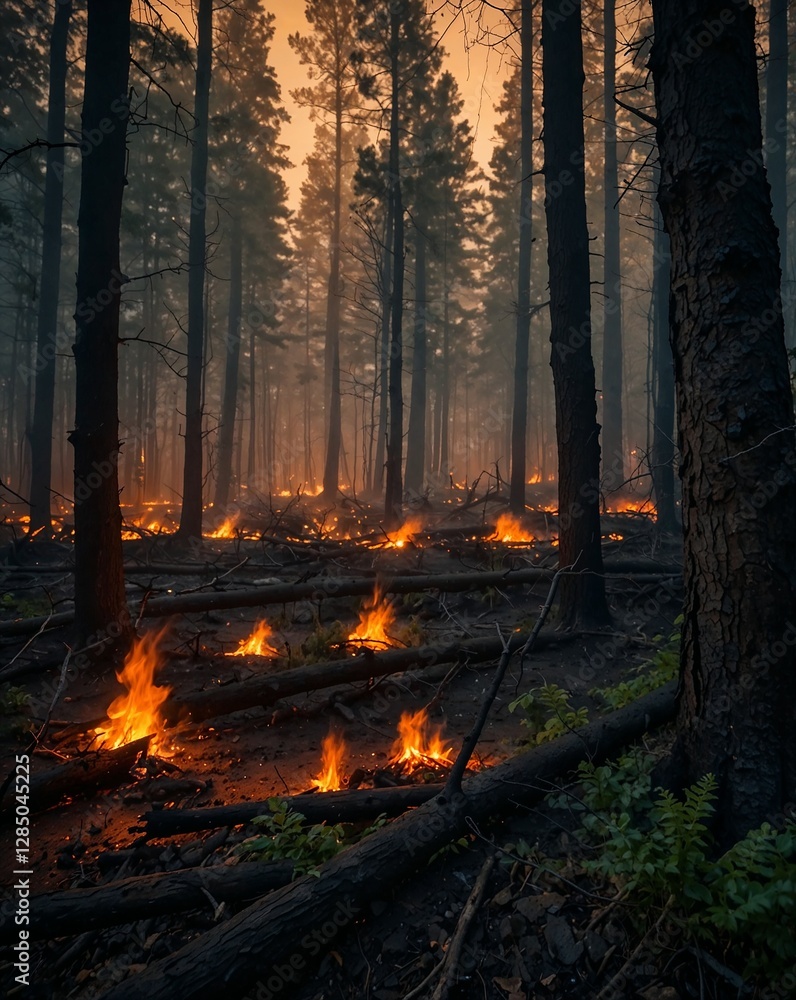 A once-lush forest now engulfed in flames, with towering trees silhouetted against a fiery orange sky. A once-lush forest now engulfed in flames, with towering trees silhouetted against a fiery orange sky.