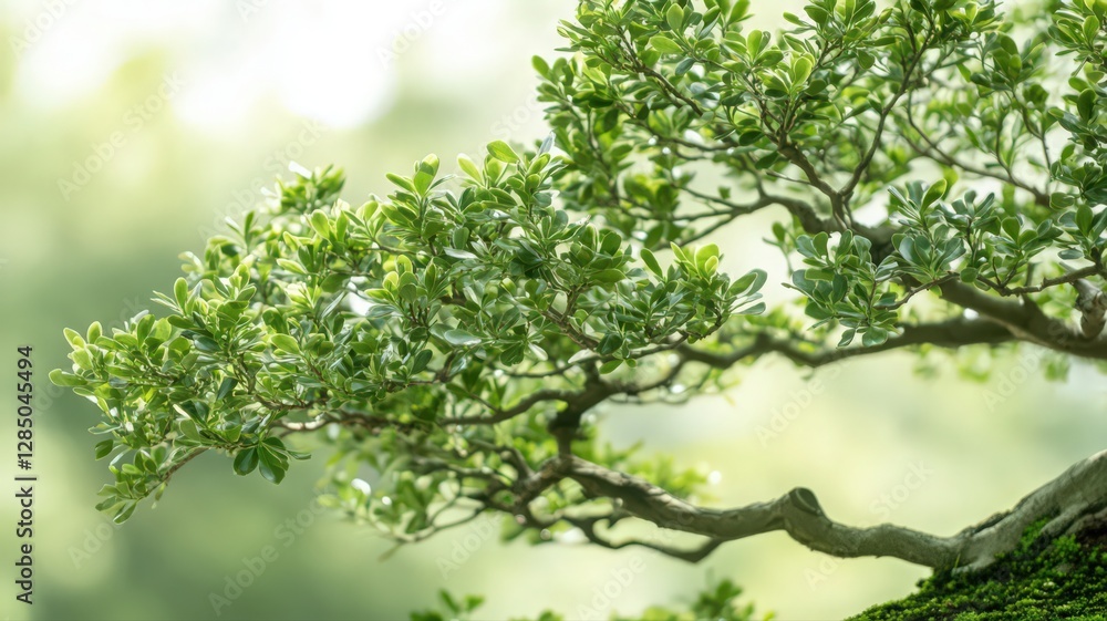 Fototapeta premium Lush Green Bonsai Tree Close Up Soft Focus Sunlight