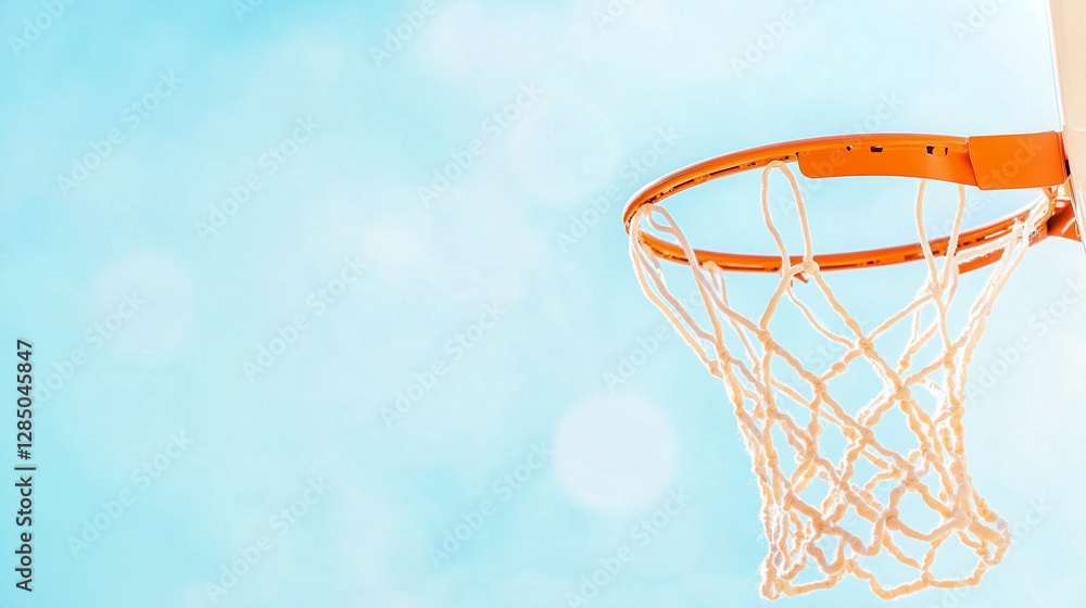 Sun-lit basketball hoop and net against bright summer sky Sun-lit basketball hoop and net against bright summer sky