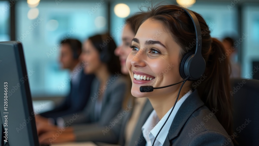 Smiling young woman in a call center, engaging with coworkers Smiling young woman in a call center, engaging with coworkers