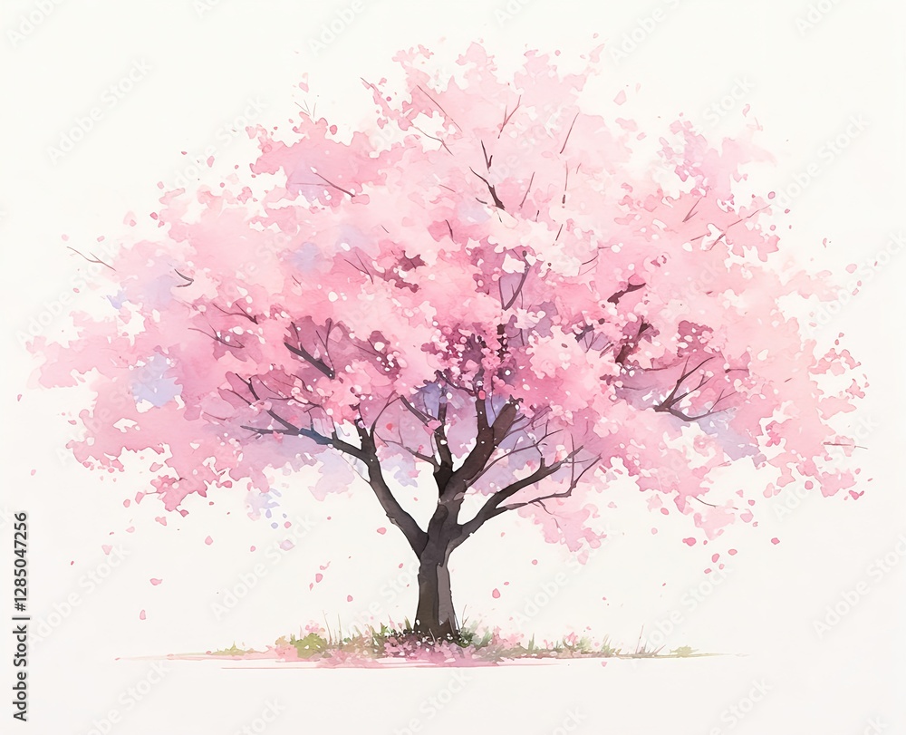 A watercolor painting depicting a blooming cherry tree in spring A watercolor painting depicting a blooming cherry tree in spring