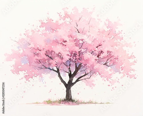 A watercolor painting depicting a blooming cherry tree in spring
