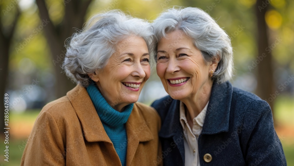 Grandmother and mother enjoying smiles together in a park Grandmother and mother enjoying smiles together in a park