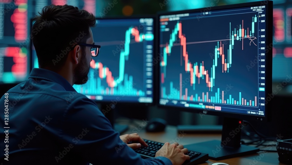 Perspective from behind a stock trader looking at computer screens displaying rising graphs in a bullish market. Perspective from behind a stock trader looking at computer screens displaying rising graphs in a bullish market.