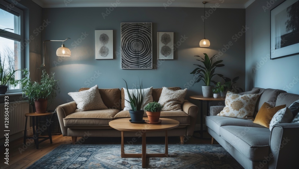 Cozy living room featuring two comfortable sofas adorned with pillows, decorative wall art, pendant lamps, and a table with potted plants. A carpet covers the flooring, showcasing the furnishings a... Cozy living room featuring two comfortable sofas adorned with pillows, decorative wall art, pendant lamps, and a table with potted plants. A carpet covers the flooring, showcasing the furnishings a...