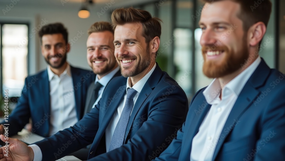 Contemporary businessmen in suits smiling and interacting while collaborating in an office setting. Contemporary businessmen in suits smiling and interacting while collaborating in an office setting.