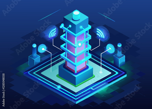 An isometric illustration of a futuristic server or quantum computer core, glowing with vibrant purple and blue light. The central unit stands on a platform with glowing circuitry