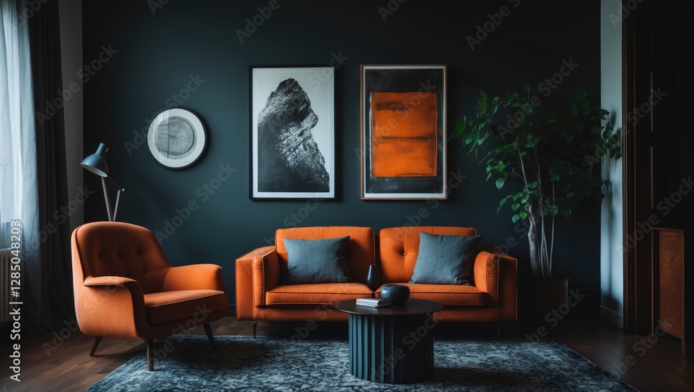 modern chic living area featuring an orange lounge chair modern chic living area featuring an orange lounge chair