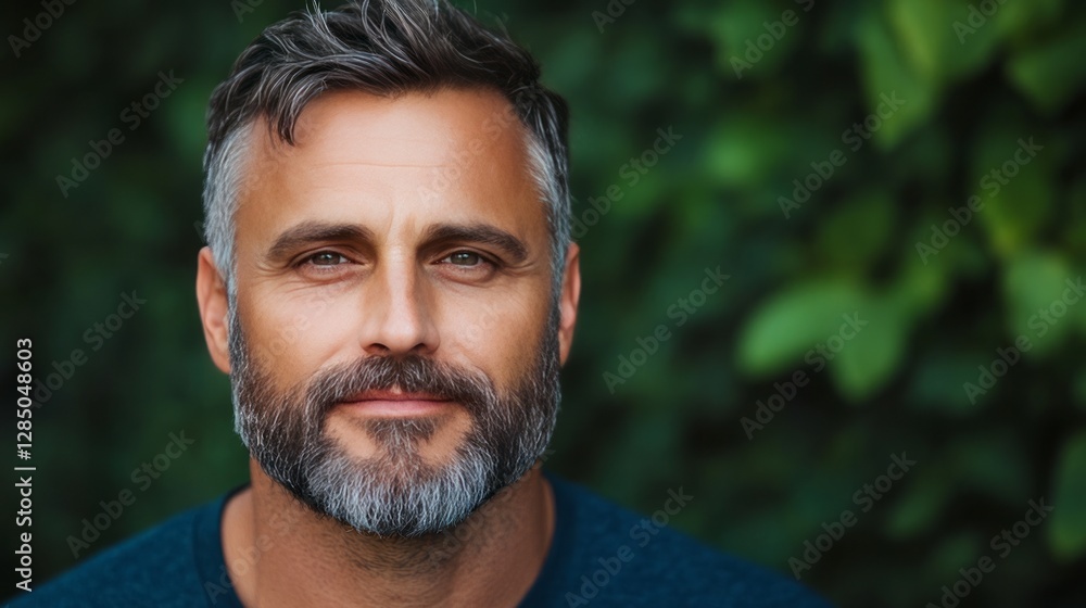 Fototapeta premium Charismatic Man's Portrait: A close-up headshot of a handsome man with striking gray hair and beard against a vibrant green foliage background, exuding confidence and approachability.