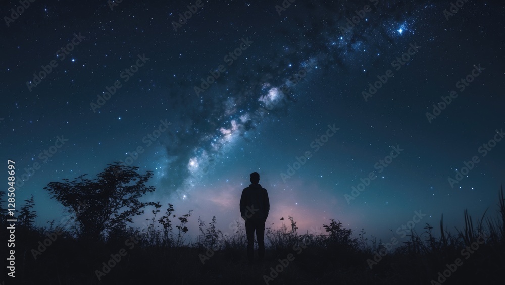 Silhouette of a nature scene at night featuring a starry cosmic nebula in the universe. Silhouette of a nature scene at night featuring a starry cosmic nebula in the universe.