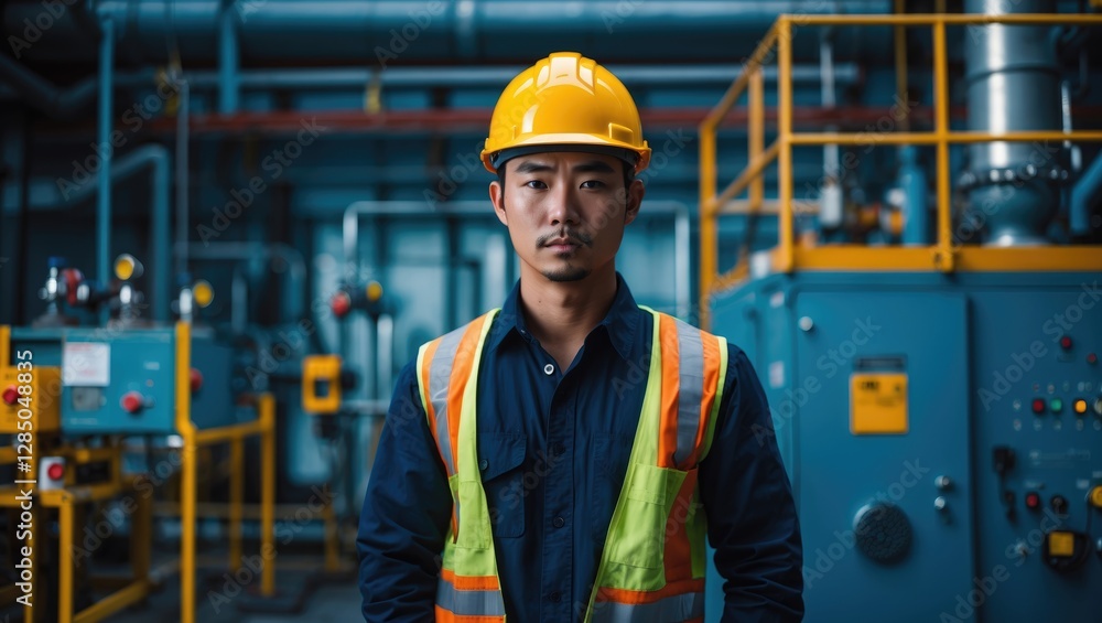 Engineer wearing a yellow safety helmet stands before maintenance equipment in an industrial setting. Engineer wearing a yellow safety helmet stands before maintenance equipment in an industrial setting.
