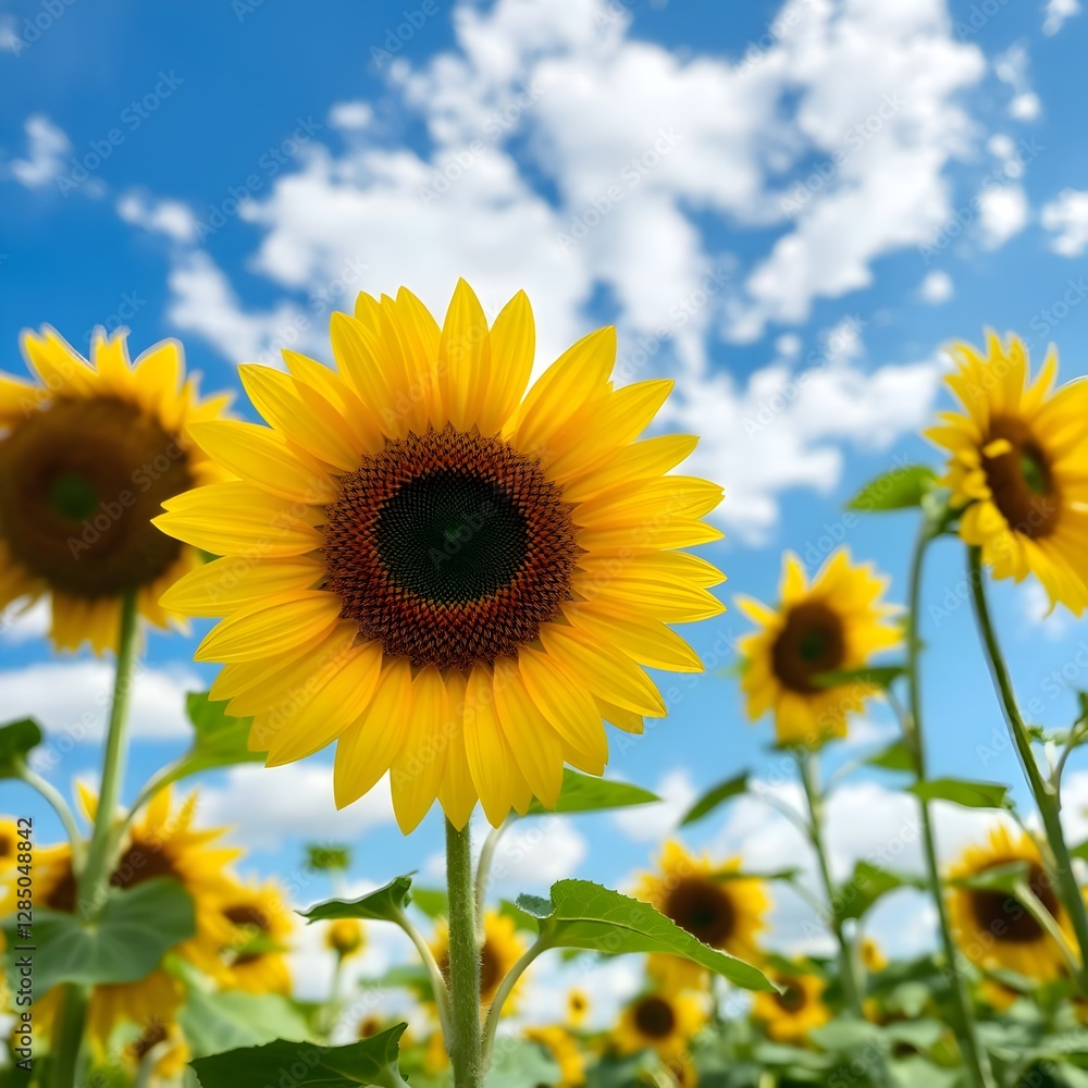 Fototapeta premium Golden Sunflowers Blooming Against Blue Sky with White Clouds