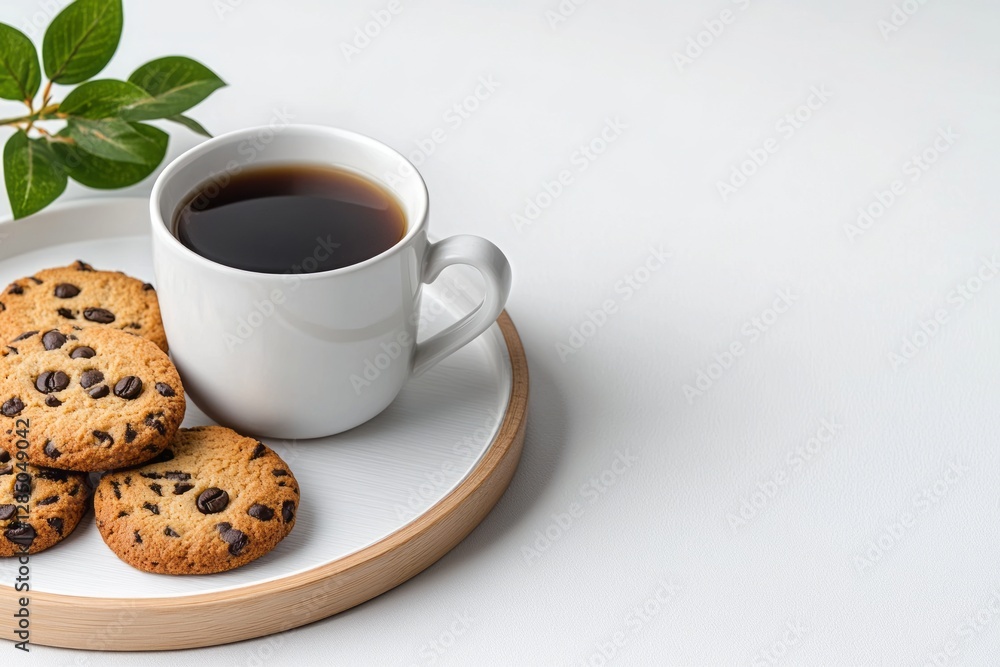 Coffee and Chocolate Chip Cookies: A cozy and inviting still-life scene featuring a cup of coffee and chocolate chip cookies on a stylish plate, complemented by a sprig of greenery. Coffee and Chocolate Chip Cookies: A cozy and inviting still-life scene featuring a cup of coffee and chocolate chip cookies on a stylish plate, complemented by a sprig of greenery.