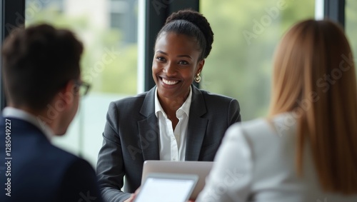 Businesswoman from Africa presenting positive statistics to persuade diverse partners during a negotiation, with a black manager advising varied clients about potential advantages.