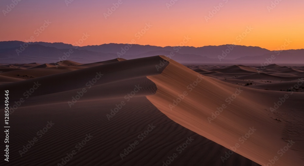 Fototapeta premium Desert Sand Dunes at Sunset with Mountain Backdrop and Colorful Sky