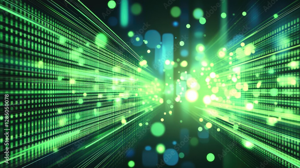 Abstract background with green glowing rays and bokeh dots. Big data concept. Vector for banner. Green tech wallpaper. Abstract background with green glowing rays and bokeh dots. Big data concept. Vector for banner. Green tech wallpaper.